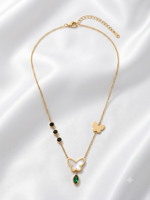 Enamel Butterfly with Green Gems Charms and Golden Butterfly Charm Necklace