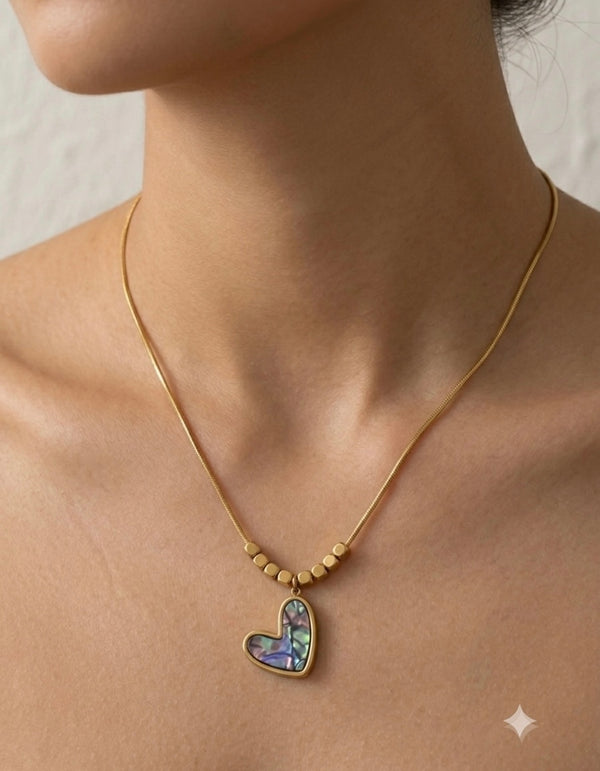 Iridescent Multi-Color Heart Pendant with Bead Accent Chain Necklace