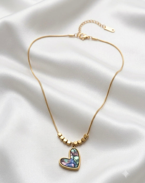 Iridescent Multi-Color Heart Pendant with Bead Accent Chain Necklace