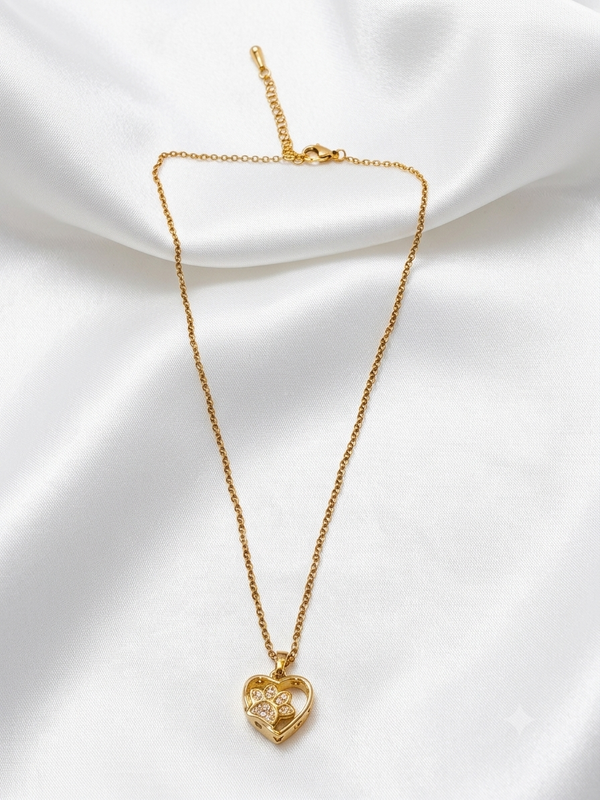 Heart & Paw Print Pendant Necklace with Sparkling Accents