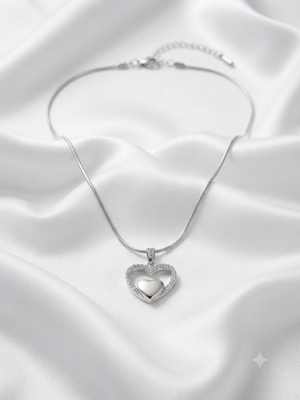 Elegant Double Heart Crystal Pendant Necklace in Sterling Silver